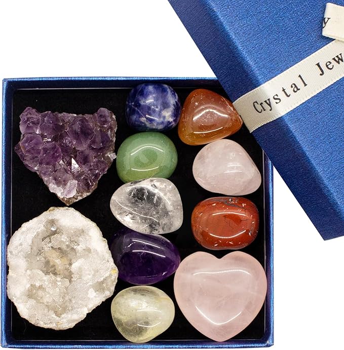Crystals and Healing Stones, Healing Crystals, White Crystal Geode & Amethyst Cluster, Witchcraft Supplies, Chakra Stones Crystals Starter Kit, Crystal Set Gift Box