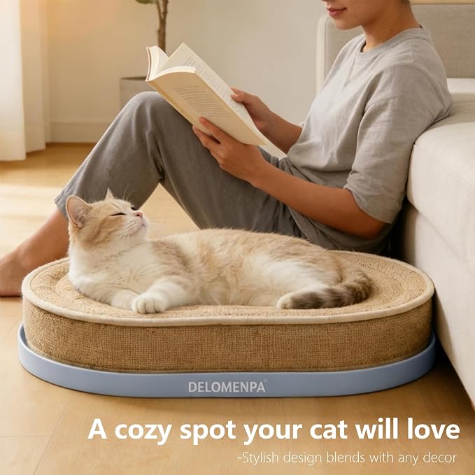 Large Sisal Cat Scratcher Lounge, 2-in-1 Cat Bed with Durable Base & Plush Foam Cushion, Non-Shedding Cat Scratching Pad for Indoor Cats,22"x14", No Mess Furniture Protector (Blue)