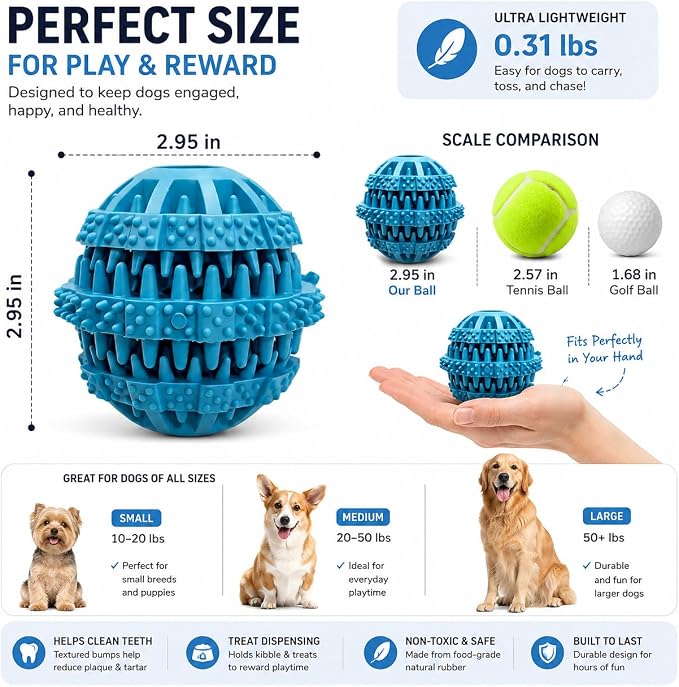 Rubber Dog Chew Toy Ball, Blue and Yellow, Bite-Resistant, Interactive Teeth Cleaning, Hidden Food Treat Dispenser for Dogs (Blue)