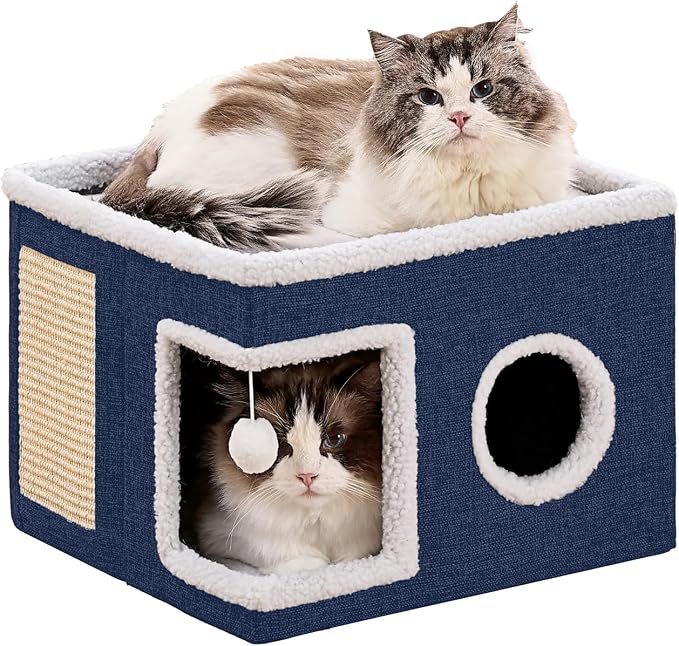 Large Cat Houses for Indoor Cats with Fluffy Ball and Scratch Pad | Foldable Cat Bed Cave for Multiple Pets, Kitten Bed for All Seasons, Non-slip, Hold Up to 30LBS, 16x16x13inch, Blue