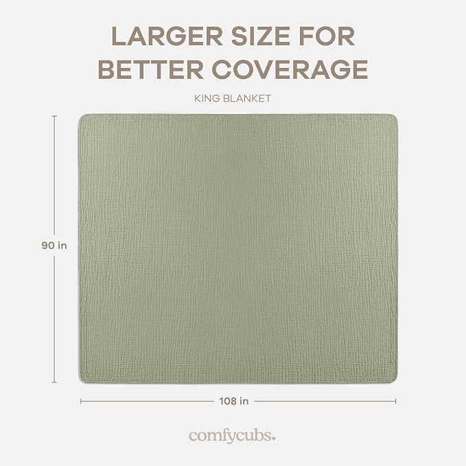 Comfy Cubs Adult Muslin Blanket 108x90” King Swaddle Blankets, Sage | 6 Layer Soft, Breathable & Lightweight Muslin Adult Blanket - Machine Washable & Designed in the US Bedding for All Seasons