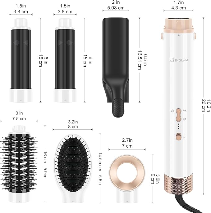 6-in-1 Hair Dryer Brush, 110,000 RPM High Speed Hair Dryer with Air Straightener, 28mm AUTO Curlers, IG INGLAM MegaAIR 2.0 Multi-Styler Set Volumizing and Shape, White