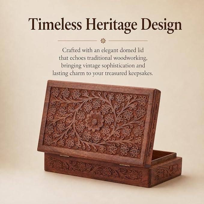 Ajuny Wooden Handcarved Decorative Jewelry Storage Box Flower Design Multipurpose Treasure Chest Keepsake Organizer Necklaces Watch Boxes Great for Gifts 10x6 Inch