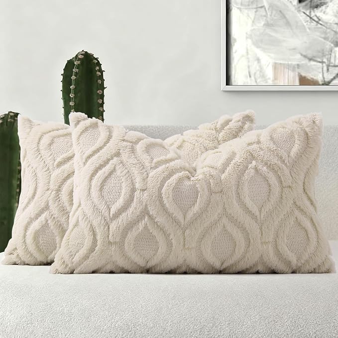 decorUhome Faux Fur Plush Soft Beige Throw Pillow Covers 12x20 Set of 2 | Wool Solid Fall Couch Pillow Covers, Accent Modern Farmhouse Neutral Decorative Square Pillow Cases for Sofa Bed Living Room