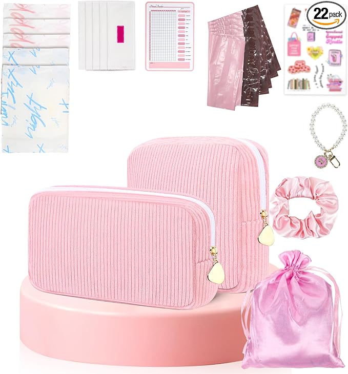 22 PCS First Period Starter Kit Gift for Teen Girls Period Bags for Teen Tweens Girls with Corduroy Sanitary Pad Storage Bag, Wipes, Menstrual Tracker, Disposal Pouches and More (Pink)