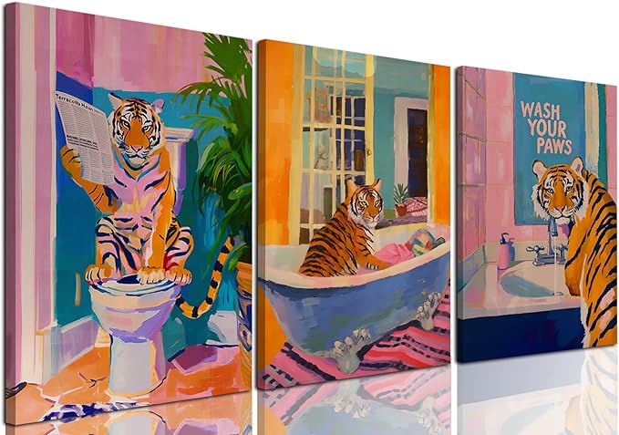 Funny Tiger Bathroom Wall Art Set of 3 Whimsical Tiger in Bathtub Canvas Wall Decor Painting Maximalist Animal Bathroom Poster Print Aesthetic 12x16 inch Framed