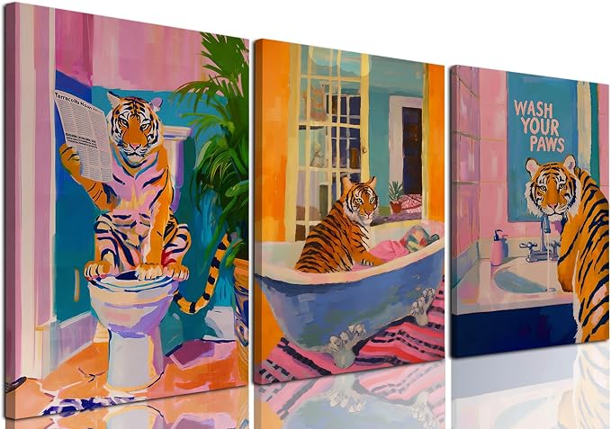 Funny Tiger Bathroom Wall Art Set of 3 Whimsical Tiger in Bathtub Canvas Wall Decor Painting Maximalist Animal Bathroom Poster Print Aesthetic 16x24 inch Framed