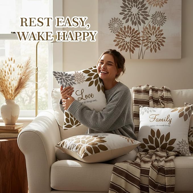 Tatuo 4 Pcs Flower Pillow Covers Square Summer Pillow Cushion Cases 18 x 18 Inch Family Faith Hope Love Words Decorative Spring Winter Cushion Case for Bed Couch Sofa Living Room(Dark Brown Series)