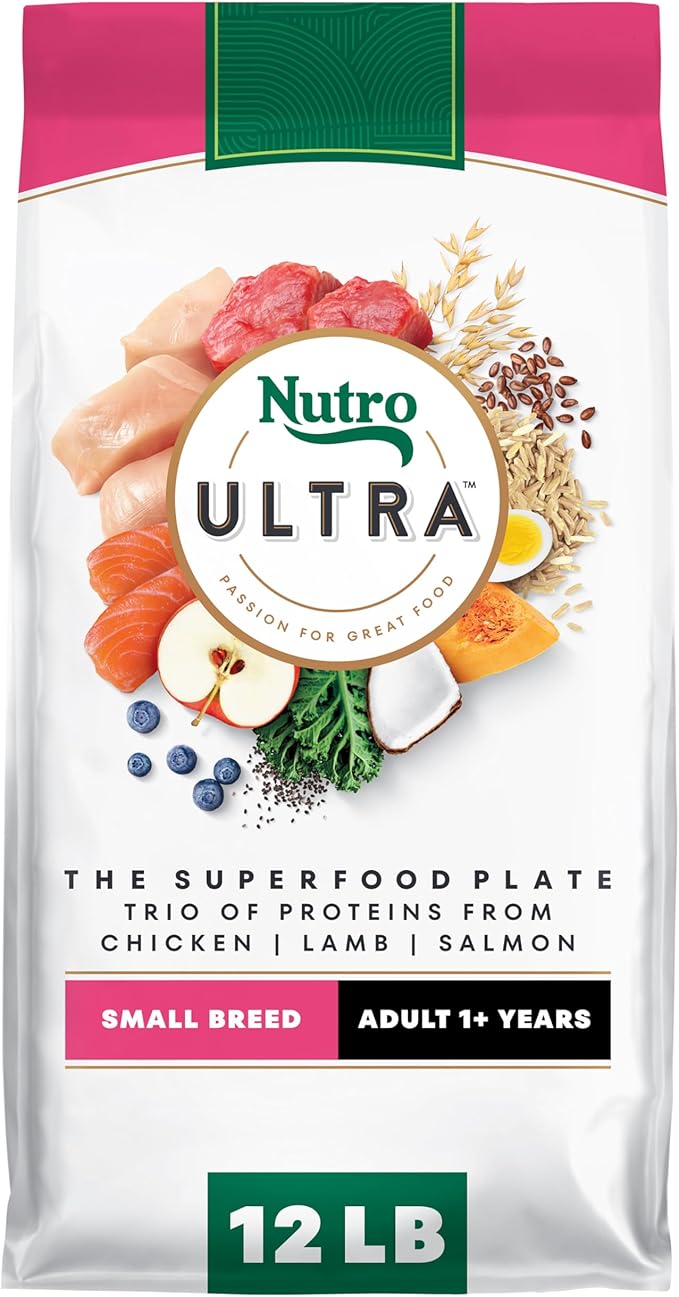 Nutro Ultra Small Breed Adult Dry Dog Food, Chicken, Lamb & Salmon, 12 lb | High-protein trio, Non-GMO, no corn, wheat, soy, 14 superfoods blend, Omega 3 & 6 fatty acids, essential antioxidants