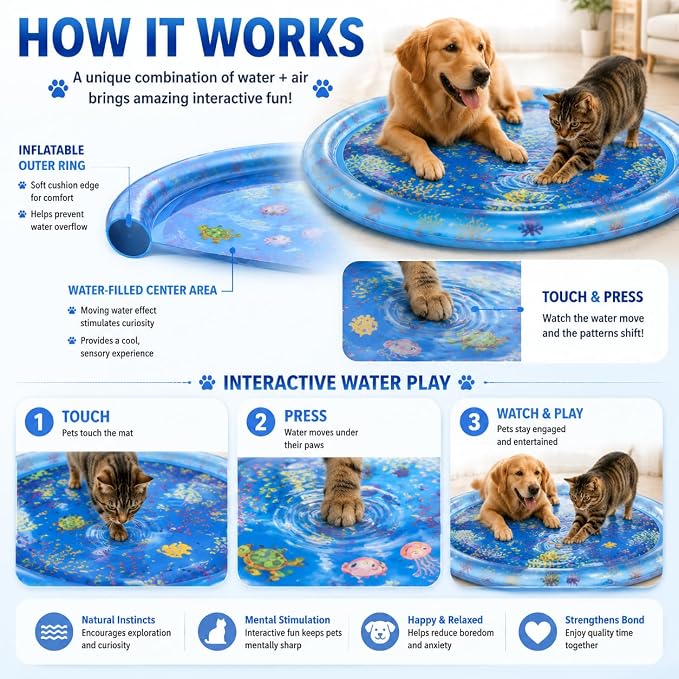 Cat Water Mat for Indoor Cats, Pet Water Sensory Play Mat for Cats & Dogs, Interactive Water Toy Mat with Durable PVC, Summer Activity Mat for Pets, Indoor Outdoor Use, 41.4 x 41.4 x 2.8 Inches