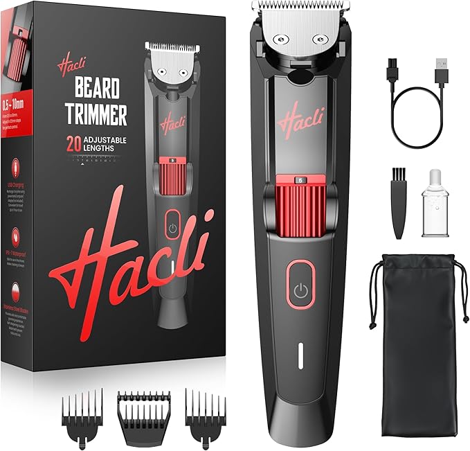 HACLI Men's Beard Trimmer with Precision Dial, 20 Adjustable Length Settings for Beard Mustache & Facial Grooming, Cordless Rechargeable, Professional Hair Clipper IPX7 Waterproof Wet/Dry Use, Red