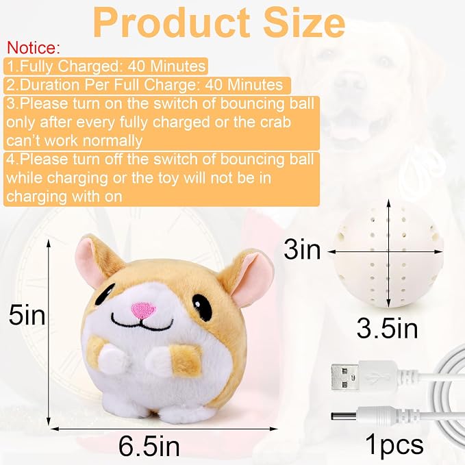 Mity rain Interactive Dog Toys with Thicken Plush, Moving Dog Toy | with Recording Mode Shaking & Singing Mode Bouncing, Funny Ball Jumping to Keep Them Busy & Chase, Rechargeable (Hamster)