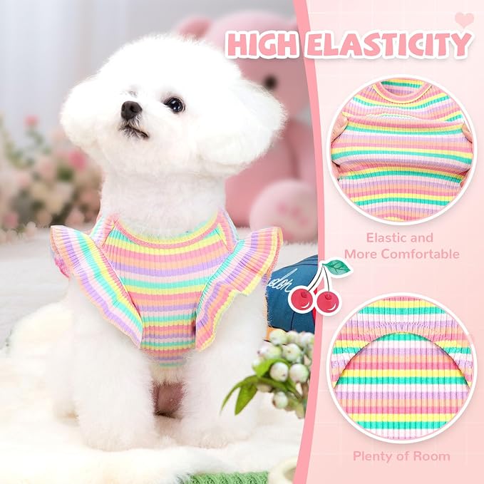 2 Pack Cute Striped Small Dog Shirts, Soft Cotton Girl Dog Clothes Breathable Ruffled Puppy Vest Spring Summer Pet Outfits for Chihuahua Yorkie Maltese and Cats（Pink+Orange,Medium）