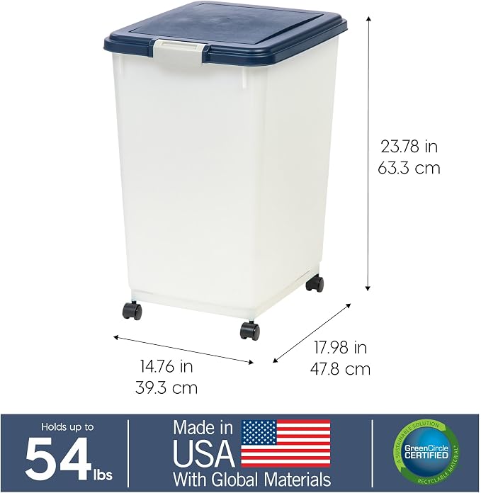 IRIS USA Dog Food Storage Container, Up to 54 lbs, Navy, Made in USA