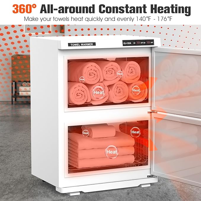 Large 32L Hot Towel Warmer Cabinet for Estheticians, Professional Double Door Towel Heater for Massage, Babers, Facial Spa, Hair Salon, Bathroom