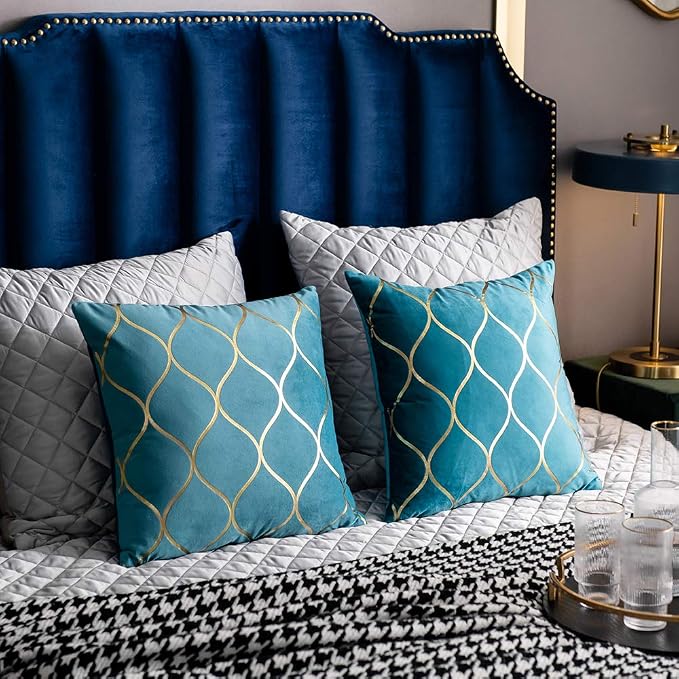 20x20 Inch Gold Velvet Throw Pillow Covers: 2 Pack Square Decorative Pillow Cases for Bedroom Sofa Couch Living Room, Turquoise