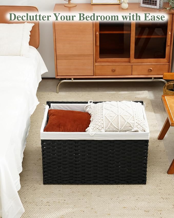 SETVSON Storage Basket with Lid Wicker Baskets for Storage, 160L Black | 42.3 Gallon Dual Lid Jumbo Blanket Storage Trunk, Divided Clothes Organizer, 2 Washable Liner Bags, Collapsible PE Rattan Bin
