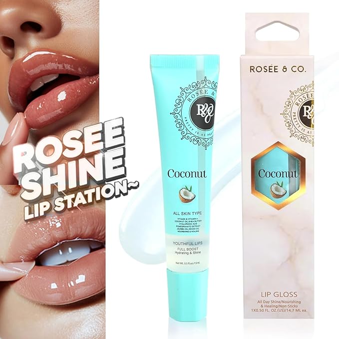 Rosee Lip Gloss Vegan & Cruelty Free Treatment, Professional Make up, Long Lasting Glossy with Shea Butter, Moisturize, Protect & Smooth, High Shine, Non-Sticky (c.Coconut, 0.5)