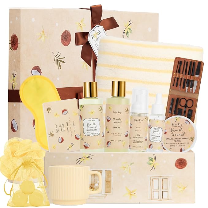 33 Pcs Coconut Vanilla Spa Gift Basket for Women & Men, Face Skin Care Set, XXL Bath & Body Set, Self Care Pamper Kit, Manicure Set, Birthday, Christmas, Valentines, Mother Day, Anniversary