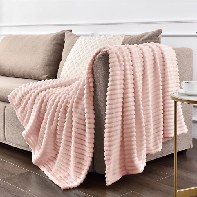 BEDELITE Ribbed Jacquard Light Pink Fleece Twin Blanket for Bed, 60x80 Inch | Soft Warm Decorative Fluffy Blanket, Cozy Plush Lightweight Fuzzy Throw Blanket for Couch Sofa Room Decor, Gift for Women