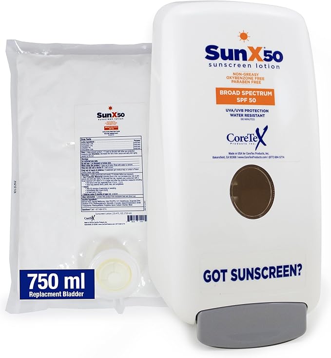 CoreTex Sun X 50 750mL Sunscreen Lotion Bladder & Wall Mount Dispenser - Paraben, Oxybenzone, Octinoxate, & Oil Free - Broad Spectrum (UVA/UVB) Sunscreen - Water Resistant Up to 80 Minutes