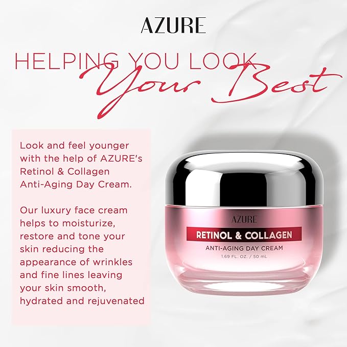 Azure Cosmetics Retinol & Collagen Moisturizer For Face - Dermatologist Tested, Anti-Aging - Skin Tightening, Fine Lines and Wrinkles Treatment Face Cream - Korean Skin Care - All Skin Type - 2 Pack