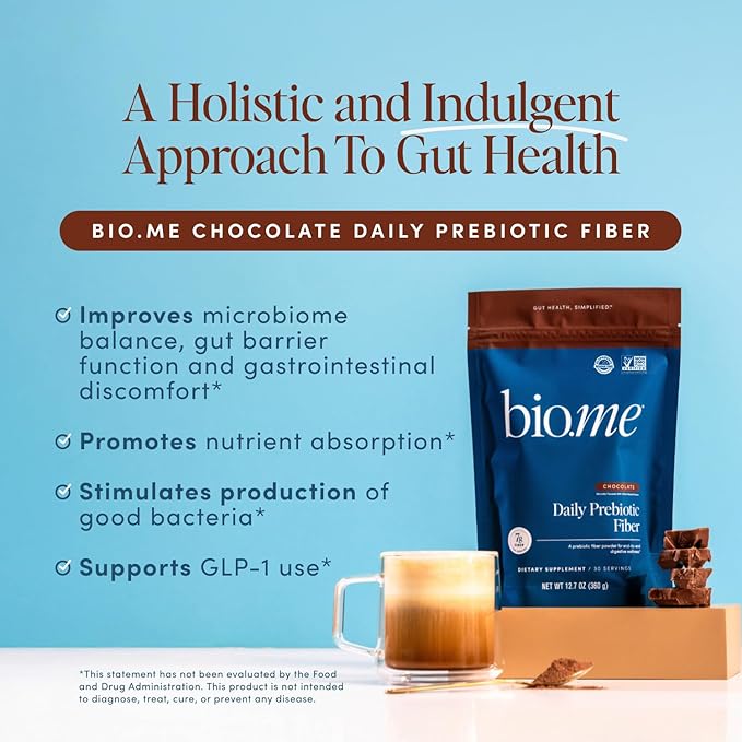 Bio.me Daily Prebiotic Fiber Powder Chocolate - 7g Per Serving - Soluble & Insoluble Fiber Supplement Powder for Women & Men - Digestive Health & Gut Health - GLP-1 Friendly, Sugar Free - 30 Servings
