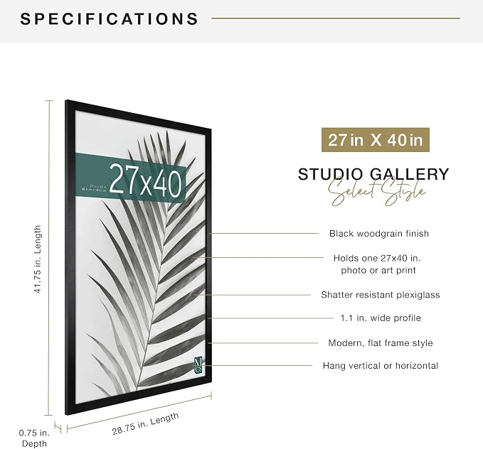 MCS Studio Gallery Movie Poster Frame 27x40 Black Woodgrain Engineered Wood, Vertical & Horizontal Wall Hanging Large Picture Frame for Photos, Artwork & Custom Posters (1-Pack)