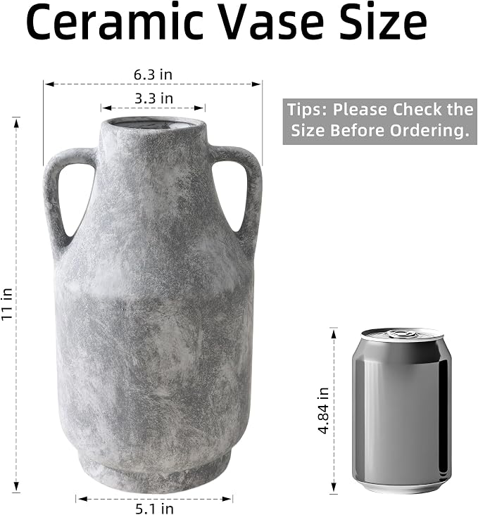 Ceramic Flower Vase with Handles, 11 Inch Tall Rustic Vase, Large Terracotta Pottery Vase for Home Decor, Farmhouse Decorative Vase for Living Room Kitchen Table Shelf Bedroom Decor