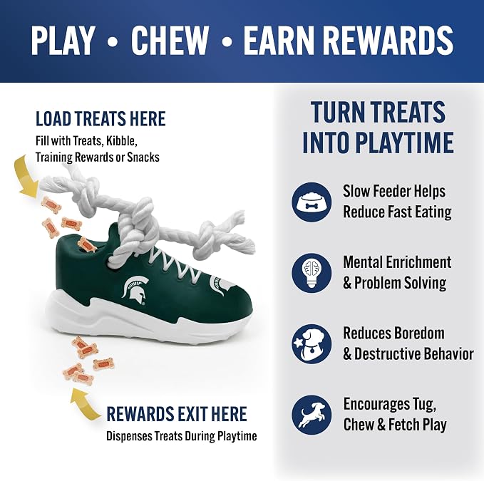 NCAA Michigan State Spartans Cleat Sneaker Spike Dog Toy, Treat Dispenser Chew Toy for Dogs, Interactive Rope Tug, Slow Feeder Natural Rubber Dog Toy with Official Team Logo for Puppies & Adult Dogs