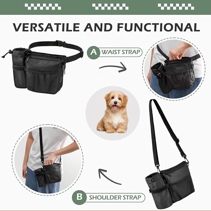 Dog Treat Training Pouch Built-in Poop Bag & Side Pocket Dispenser