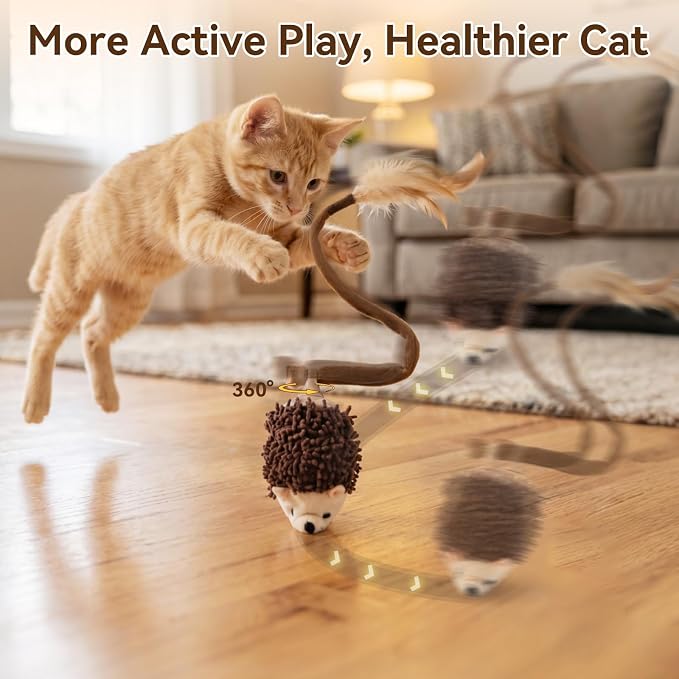 Migipaws Interactive Hedgehog Cat Toy 360° Rolling & Spin with Soft Plush Tail for Indoor Cats Smart Motion Sensor, Realistic Squeak, Rechargeable Plush Kitten Toy (Brown)