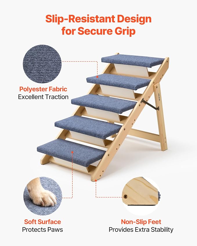 VEVOR Wood Pet Stairs, 5-Step Dog Stairs for Beds, Sofa & Cars, Floded Flat | For Small Medium Large Older Pet Puppy Essentials, 150lbs Load Capacity, Stable & Sturdy Cat & Dog Step Ladder, Non-Slip