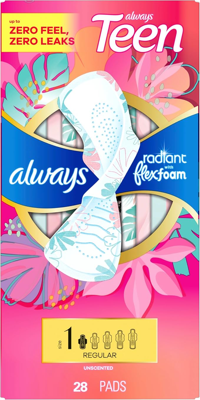 Always Radiant Teen Pads, Size 1, Regular, with Wings, Unscented, 28 Count