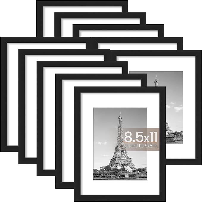 upsimples 8.5x11 Picture Frame Set of 10, Display Pictures 6x8 with Mat or 8.5x11 Without, Multi Photo Frames Collage for Wall or Tabletop Display, Black | Fit 6x8 Photos and 8.5x11 Certificate, Wall or Tabletop Display, For Gallery Hallway Living Room...