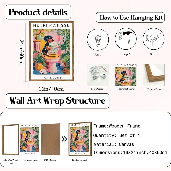 Funny Dachshund Bathroom Wall Art Henri Matisse Dog Bathroom Wall Decor Picture, Cute Puppy Animal Reading Newspaper in Toilet Poster Painting Canvas Print 16x24 inch Wood Framed