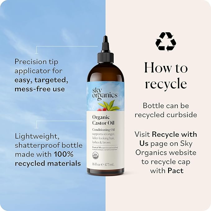 Sky Organics - Castor Oil Organic - Volumizing Hair Oil - Scalp, Lashes, Brows - Pure Castor Oil Cold Pressed - Natural Conditioner - Omega Fatty Acids, Vegan - Beauty, Hair Care, & Self Care - 8oz