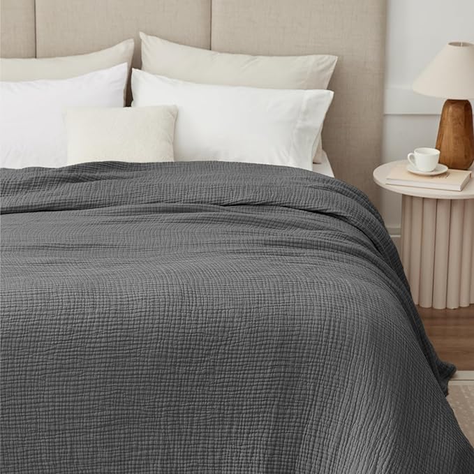 100% Cotton Muslin Blanket California King 120" x 90", 6 Layers Breathable and Lightweight Oversized Blankets for Bed, Soft Cooling Gauze Blanket for Adults All Season, Dark Grey
