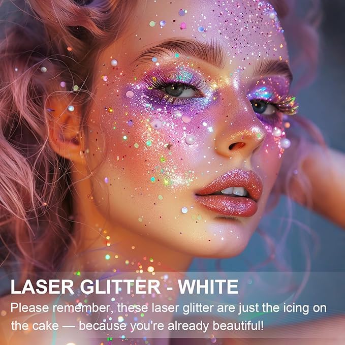 Face Body Glitter Paint Set for Women and Kids, White Pink Blue Holographic Mermaid Sequins Chunky Glitter Makeup for Music Festival Rave Accessories, Easter, Wedding, Valentine, Prom