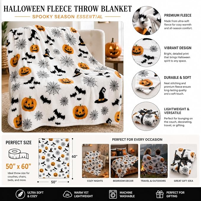 Halloween Fleece Throw Blanket, Witch Hat, Bats, Webs & Pumpkins, 50x60 in | Ultra-soft cozy flannel fleece, for sofa couch bed chair & dorms, spooky Halloween décor, durable and machine washable.