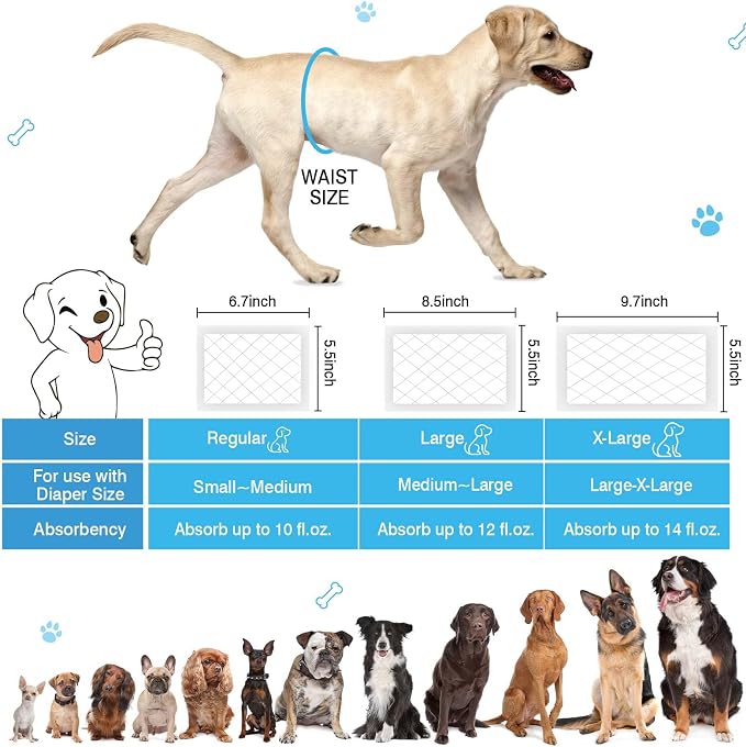 Dog Diaper Liners for Dog Diapers Male and Female 100ct Super Absorption Disposable Booster Pads for Most Reusable Pet Belly Bands, Washable Puppy Diaper Wraps