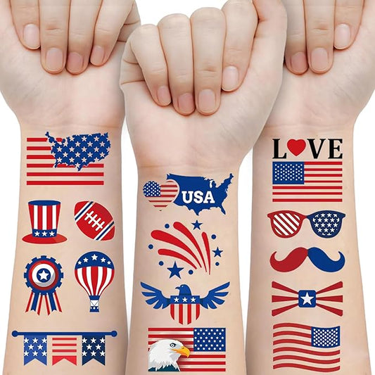 4th of July Temporary Tattoos, 90pcs American Flag Red White Blue Fake Tattoo Stickers, Independence Day Fourth of July Body Art USA National Memorial Decorations for Labor Day Party
