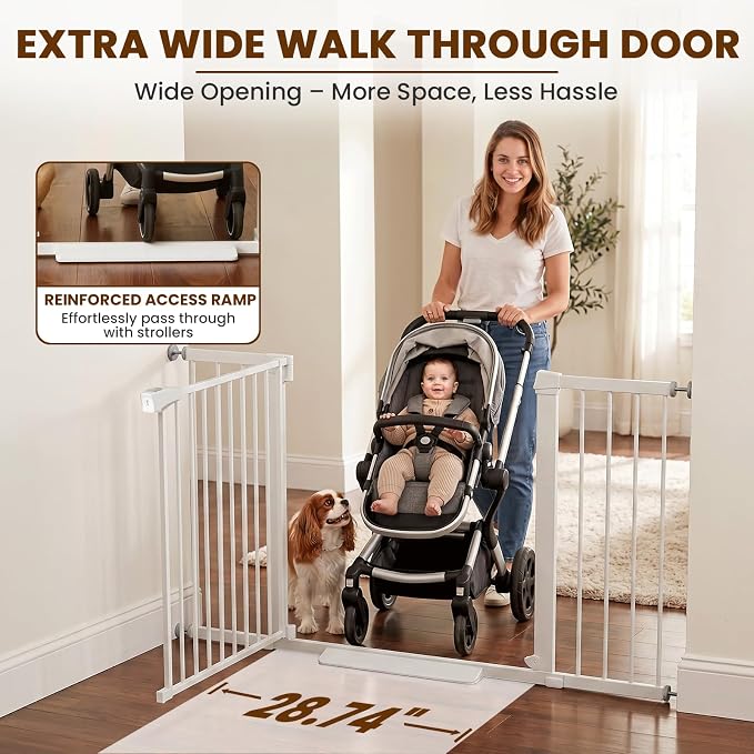 Mumeasy 36-58" Extra Wide Baby Gate for Stairs, 30" Tall Walk Through Dog Gate for Doorways & Hallways, Auto Close Pressure Mounted Safety Gate for Toddlers & Pets, Dual Swing Child Gate Indoor, White