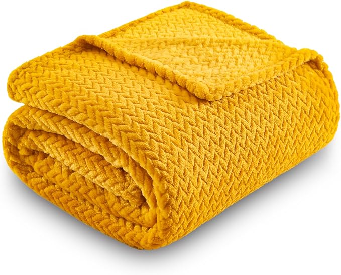 NEWCOSPLAY Fleece Leaves Pattern Twin Blanket, Mustard Yellow, 60"x80" | Super Soft Throw Blanket, Lightweight Cozy Bed Sofa Blanket, Premium Silky Flannel Fleece, Travel Blanket for All Season Use