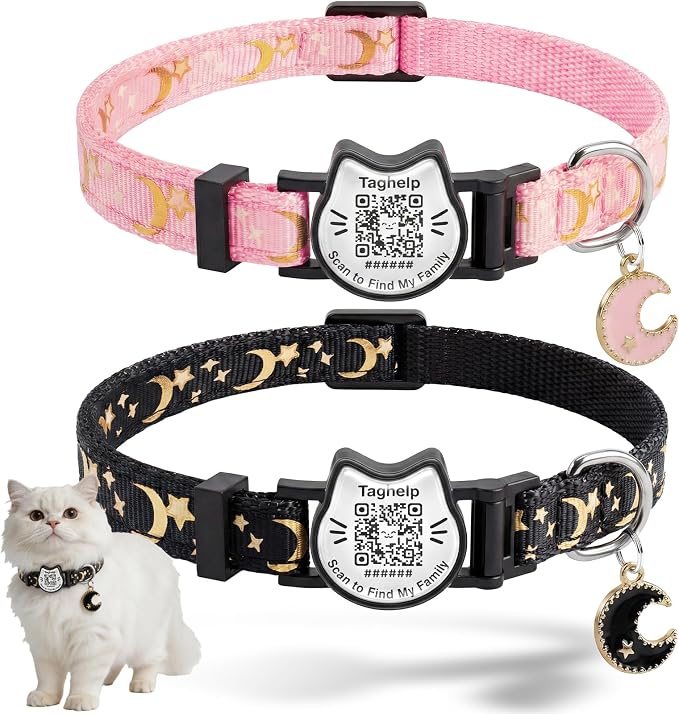 2PCS Star & Moon Breakaway Cat Collar with QR Code Tag (Black&Pink) | Reflective Nylon, Safe Kitten,Quick-Release Buckle