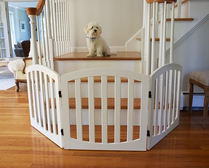 Arf pets Free Standing Wood Dog Gate, Step Over Pet Fence, 3 Panel 360° configurable,24" Tall, Foldable, Adjustable - White