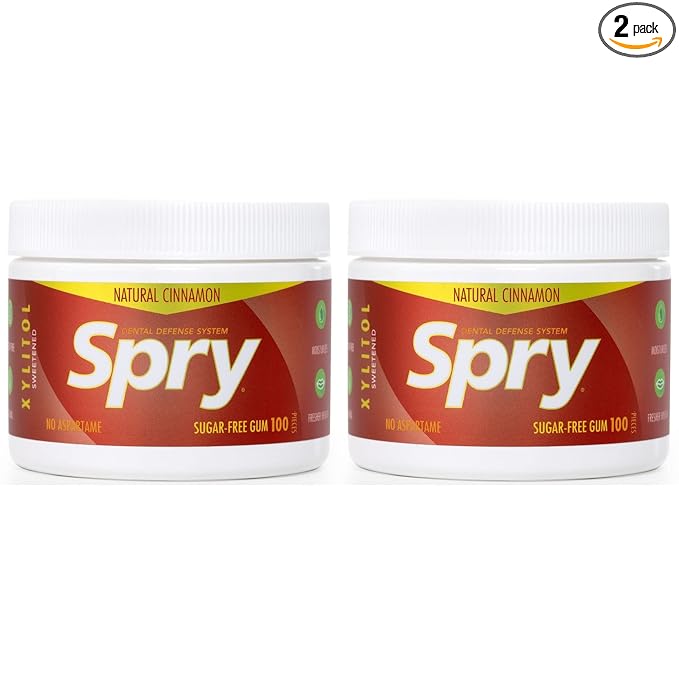 Spry Fresh Natural Xylitol Chewing Gum Dental Defense System - Aspartame-Free, Sugar-Free, Non-GMO, Gluten-Free (Cinnamon, 100 Count - Pack of 2)
