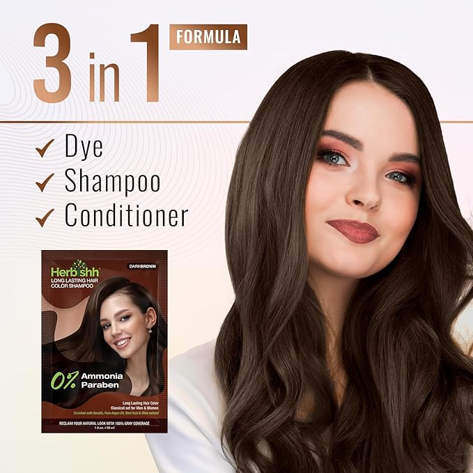 Herbishh Hair Color Shampoo for Gray Hair – Natural Ammonia-Free Hair Dye with Argan Hair Mask – Long Lasting Dark Brown Coverage – Easy to Use Travel Pack – 20 Color Shampoo Pouches + 10 Hair Masks