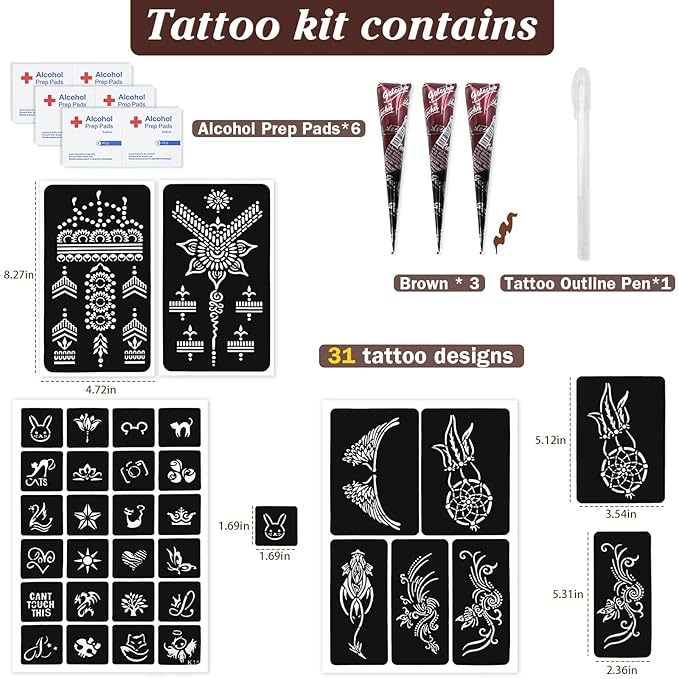 Brown Temporary Tattoo Kit,Temporary Tattoos Stencils Kit (3pcs Brown tattoo cones 4 Reusable Templates 1Pcs Tattoo Outline Pen)， Waterproof,DIY Body Art for Women Men