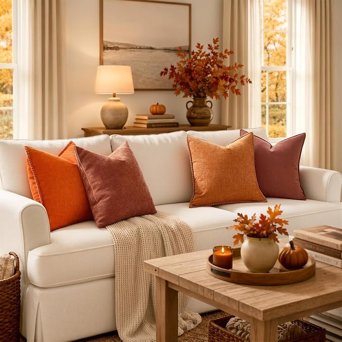MIULEE Pack of 2 Fall Rust Decorative Chenille Pillow Covers 18x18 Inch | Soft Couch Throw Pillows,Farmhouse Cushion Covers with Elegant Design for Sofa,Bedroom,Living Room,Spring Home Decor